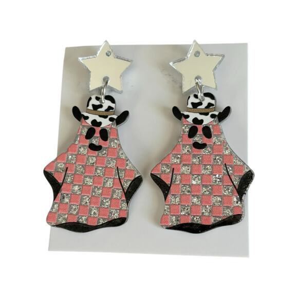Acrylic Cowboy Hat Ghost Glitter Checkered Print Festive Halloween Earrings - Picture 2 of 4